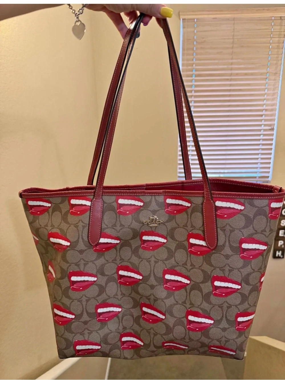 Coach x Tom Wesselman 2023 City Tote signature khaki w red smile mouth lips